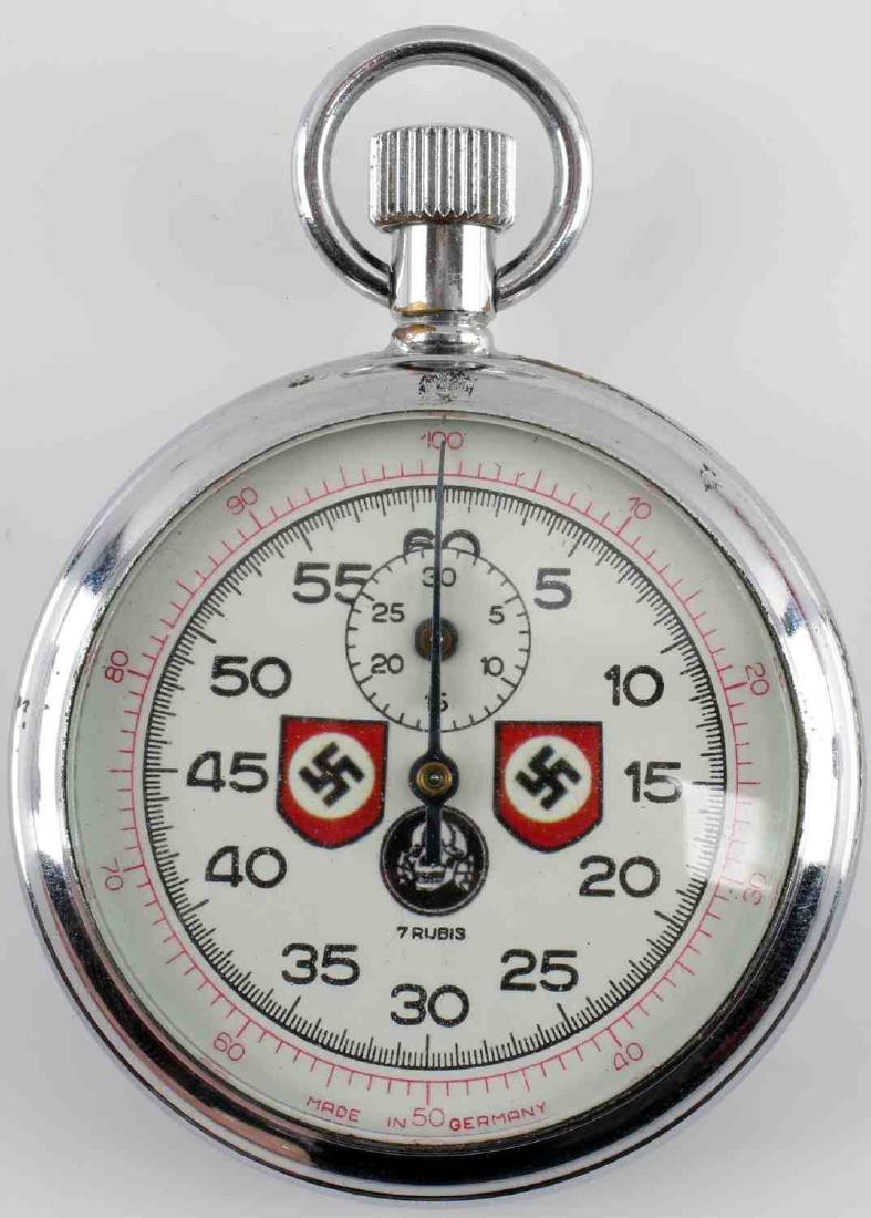 WWII GERMAN THIRD REICH NSDAP SS STOPWATCH: Stopwatch with NSDAP and SS marks on the face. Appears to keep time but should be service by watchmaker. In very good condition. Unauthenticated/Sold 'as is' This lot has a reserve.