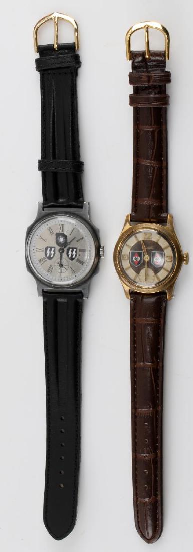 WWII GERMAN 3RD REICH WAFFEN SS DIVISION WATCH LOT: Lot contains two Waffen-SS watches. One is for the "Hitlerjugend" division, and the 2nd Croation SS division. Both watch bands have been replaced. In very good condition. Unauthenticated/Sold 'as is'