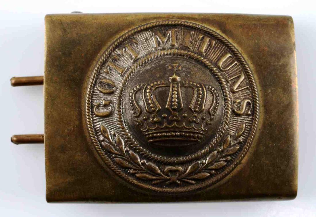 WWI PRUSSIAN GERMAN BELT BUCKLE GOTT MIT UNS: Brass buckle with Gott Mit Uns (God with us) and Prussian crown in relief to front. No maker's mark.