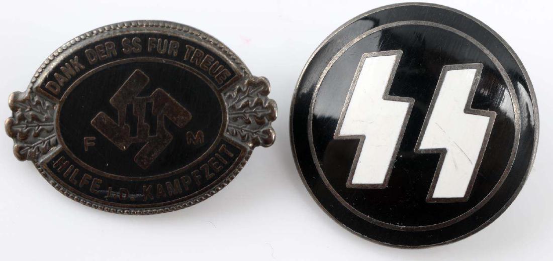 GERMAN WWII THIRD REICH SS MEMBERSHIP BADGE LOT: German WWII Third Reich FM Donation Membership Badge and Waffen SS Membership Badge. Each measure about 1 inch wide by 1 inch tall. Reverse is maker marked "RZM M1/133" and "RZM M1/4". Nickel construc