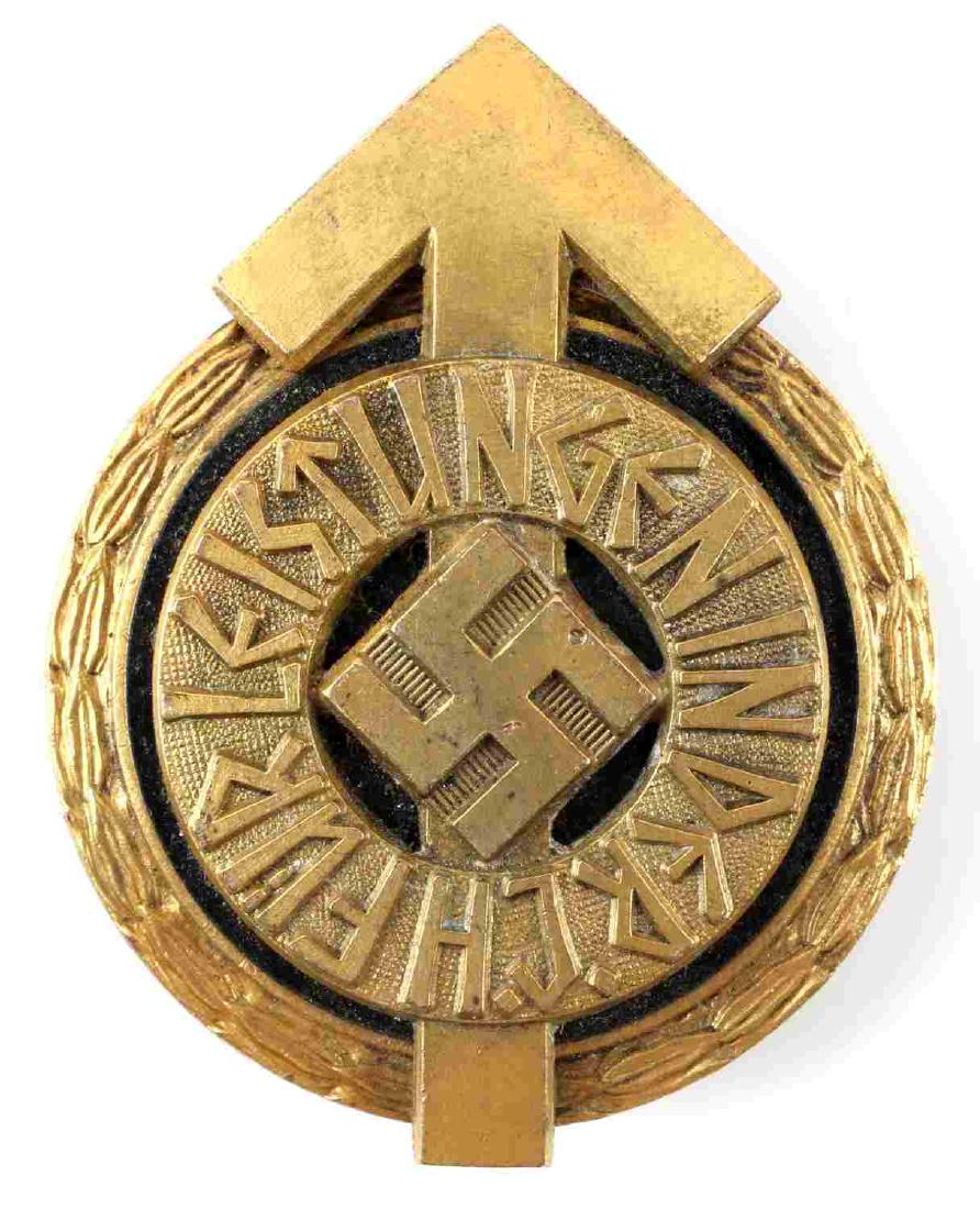 WWII GERMAN THIRD REICH HITLER YOUTH SPORTS BADGE: Hitler Youth Golden Leader's Sports Badge. Marked 'RZM M1/101' and numbered '66'. Brass construction. Very good condition. Unauthenticated/Sold 'as is'