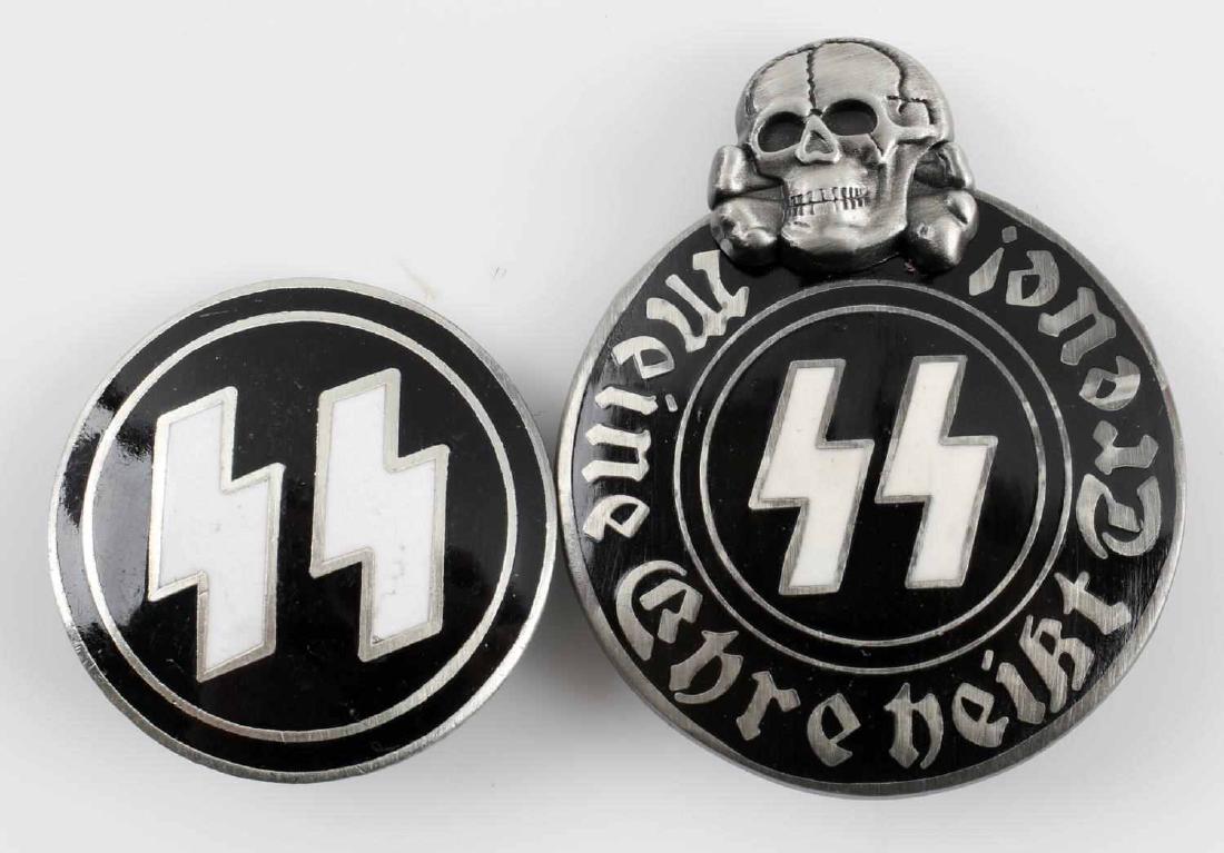 GERMAN WWII THIRD REICH SS SIG RUNE BADGE: Waffen-SS rune badge. Two piece nickel construction. Reverse is maker marked "ges gech RZM M13/42 SS". Included is a Waffen SS lapel pin. Reverse side make marked "RZM M1/4 ges gesch". Both in very go