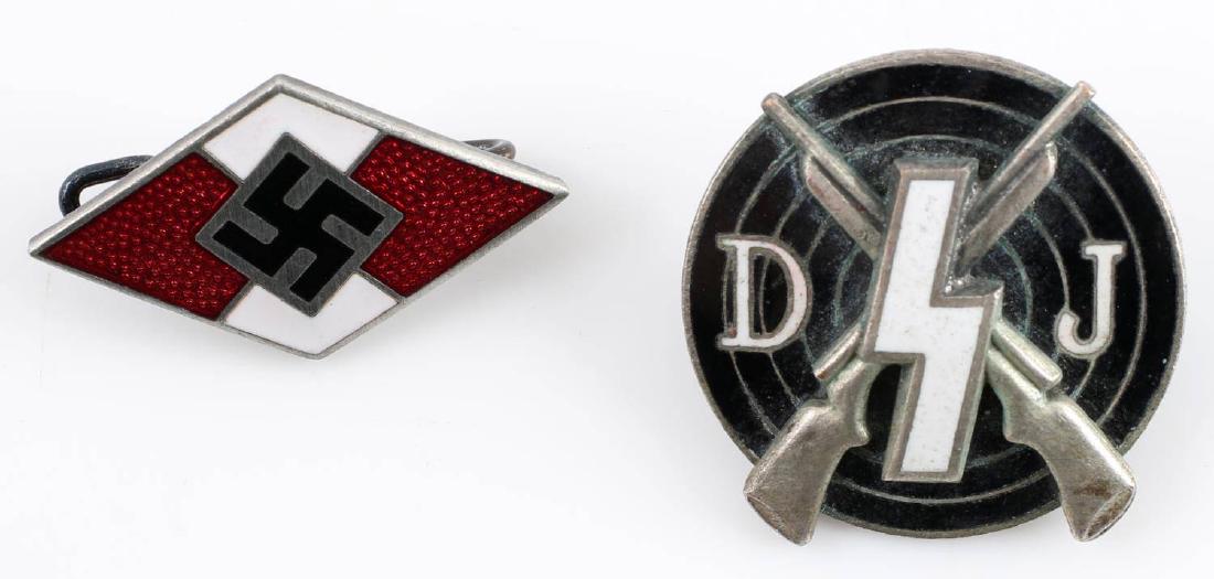 GERMAN WWII THIRD REICH YOUTH MARKSMAN PIN LOT: German WWII Deutsche Youth DJ marksman shooting award pin. Measures 13/16 inch in diameter. Reverse is maker marked "RZM M1/123". Includes Hitler Youth diamond. Reverse Maker marked "RZMBM M1/ 122. Ni