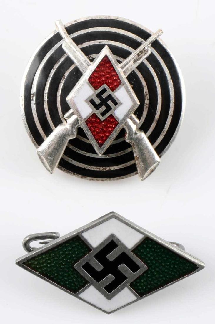WWII GERMAN HITLER YOUTH HJ MARKSMAN BADGE LOT: Two pieces: Hitler Youth diamond with crossed rifles behind, on bullseye. RZM M1/14 marked to back. Also includes a Hitler Youth diamond. Maker marked 'RZM BM 1/22.' Both have horizontal safety pin ba