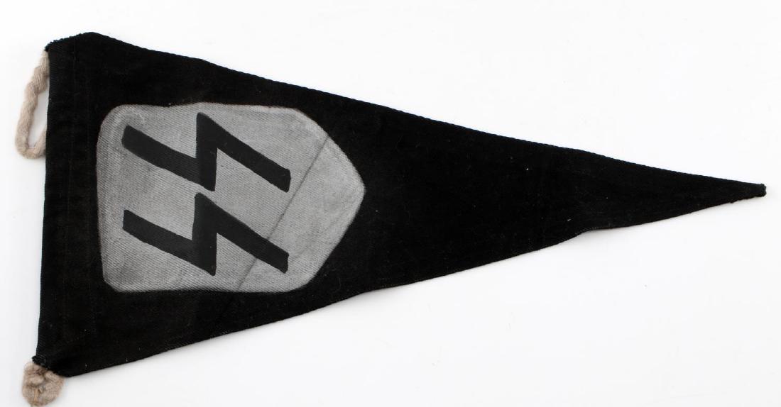 GERMAN WWII THIRD REICH RUNIC PENNANT FLAG: German WWII Waffen SS Schultz Staffel runic pennant flag. Measures 8 1/2 inches wide by 16 5/8 inches tall. One piece canvas construction. Very good condition.