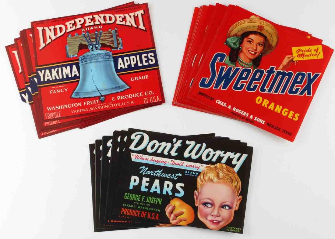 140 ORIGINAL FRUIT CRATE LABELS APPLE PEAR ORANGE: Includes 60 Tex Mex, 50 Don't Worry pears and 30 Independent Yakima Apples, all original full size labels. G3