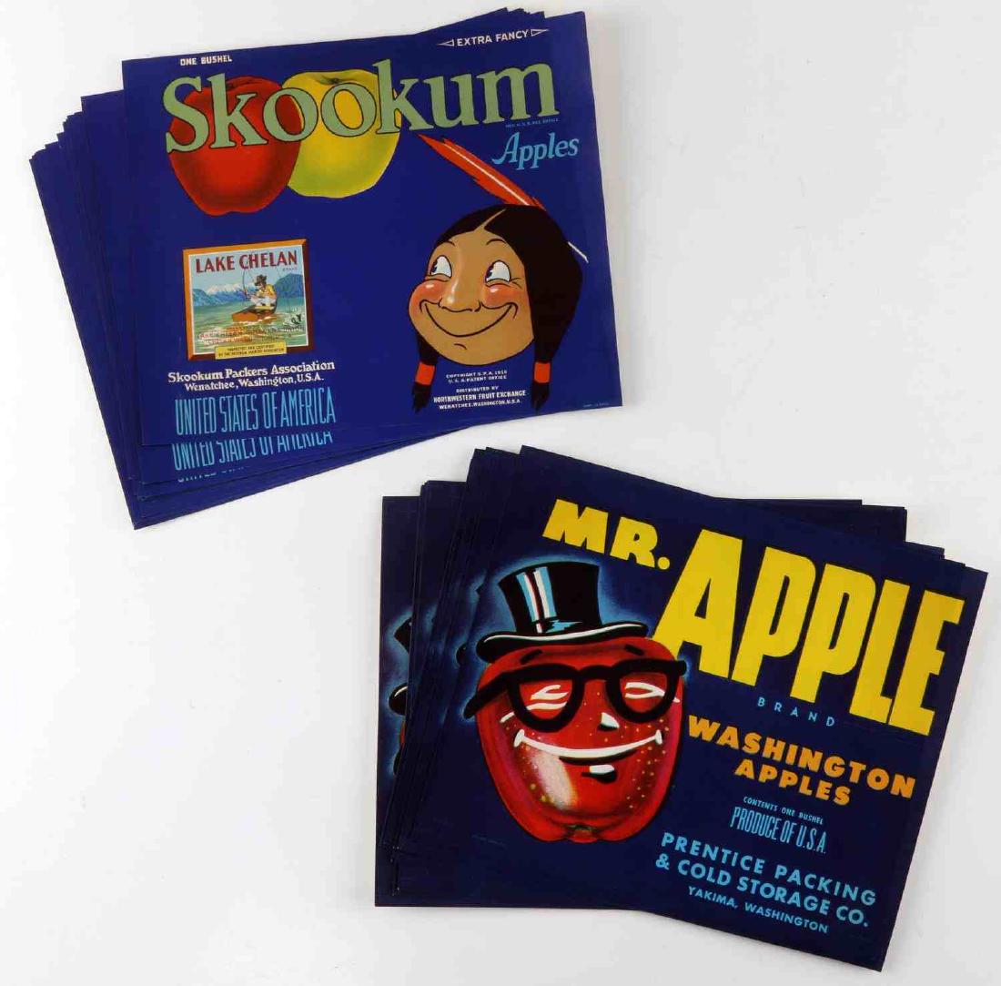 21 SKOOKUM & 16 MR APPLE FRUIT CRATE LABELS: All original as issued full size labels. G3