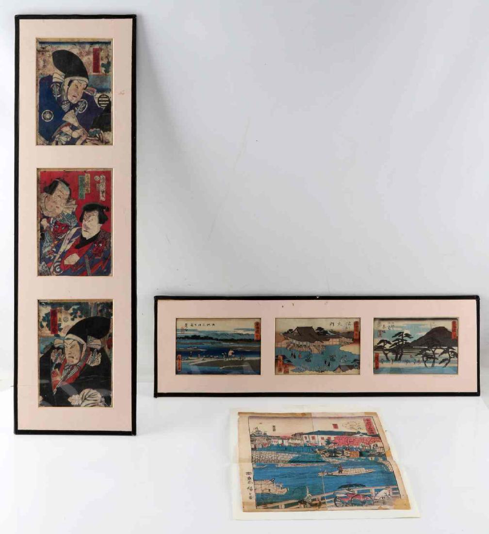 LOT OF UTUGAWA HIROSHIGE UKIYO E WOOD BLOCK PRINTS: One Hiroshige print of a waterway with bridge and homes. Measures approximately 14 inches by 9.5 inches. Some tearing and staining at edges, torn at fold lines and repaired. Three prints matted. Lands