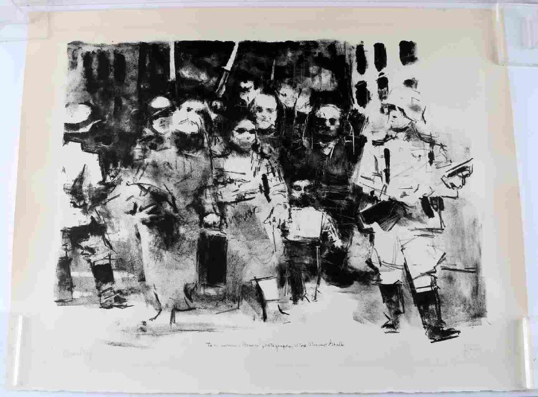 JACK LEVINE ABSTRACT LITHOGRAPH OF WARSAW GHETTO: Abstract lithograph of Warsaw ghetto by Jack Levine. Black and white imagery. Canvas measures approximately 30 inches by 23.25 inches. In pencil at bottom left "Artist's Proof" Labeled under picture "