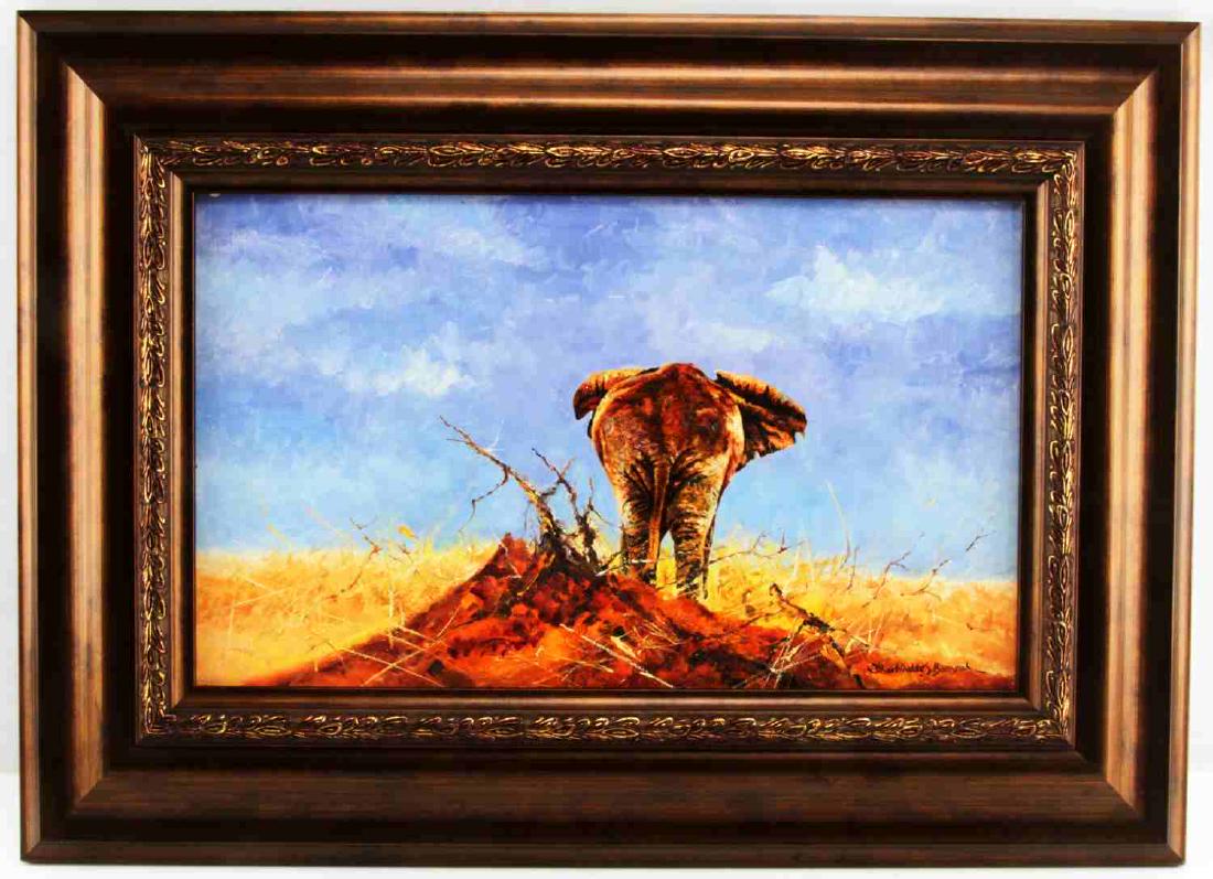 DHARBINDER S BAMRAH WILDLIFE PAINTING ELEPHANT: Dharbinder S. Bamrah contemporary wildlife painting. Oil on canvas. Elephant and anthill. Title "Elephant and Ant Hill" Signed on the lower right. Bronze frame. Measures 10 inches by 16 inches, sight