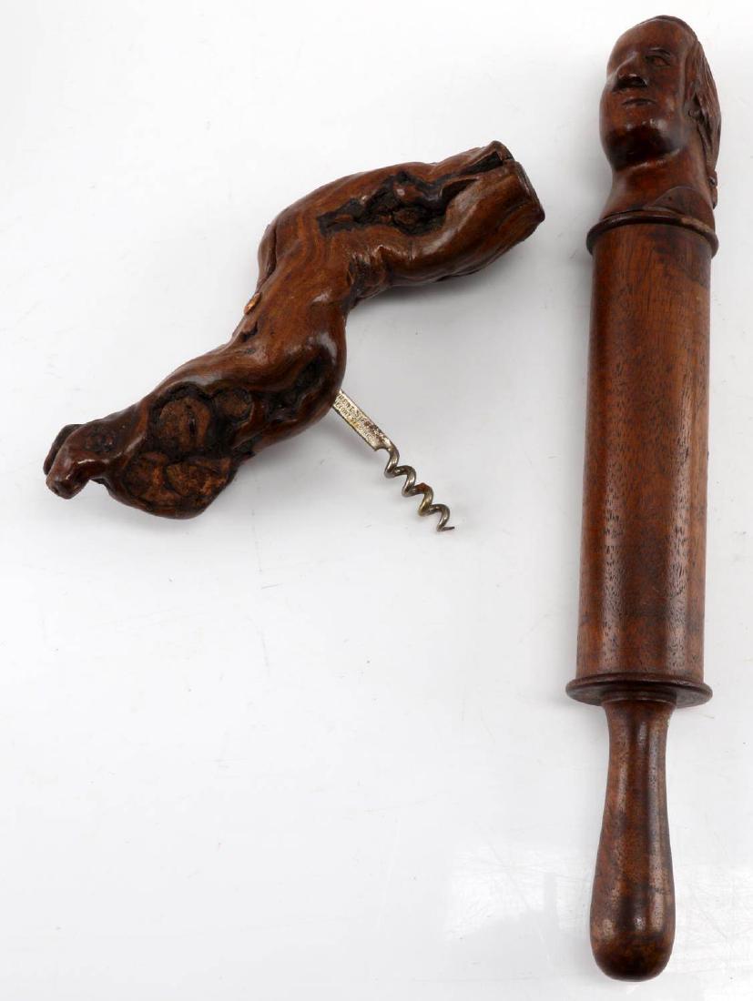 THOMAS JEFFERSON FOLK ART SCULPTURE & CORK SCREW: Rolling pin Thomas Jefferson carved and polished folk art sculpture. Top is Thomas Jefferson in profile. In very good condition. Signed illegibly on top of bottom handle. Polished rough wood cork scre
