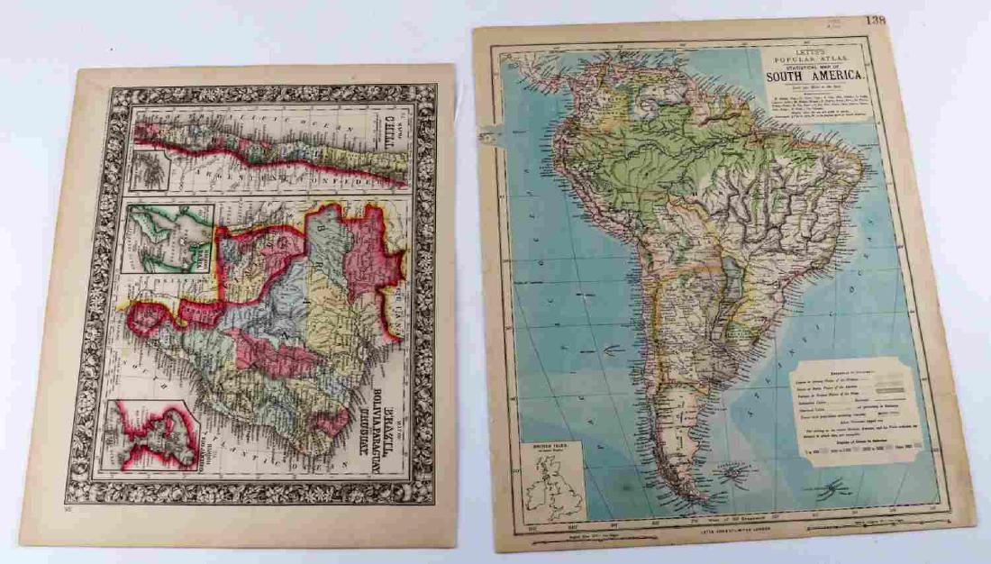 ANTIQUE 19TH CENTURY ANTIQUE MAP LOT OF TWO: Lot contains two antique maps of South America. One is a copy of S Augustus Mitchell's map of Brazil, Bolivia, Paraguay, and Uruguay with separate map of Chile and inserts of the Harbor of Rio Janeiro