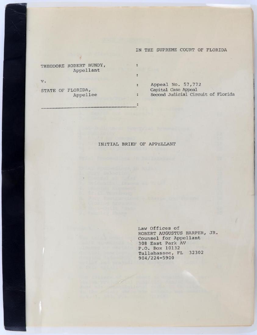 TED BUNDY SUPREME COURT APPEAL DOCUMENT BRIEF: Original Initial Brief of Appellant document from the Florida Supreme Court appeal in the case of Theodore Robert Bundy v. State of Florida. From the Law Offices of Robert Augustus Harper, Jr., the at