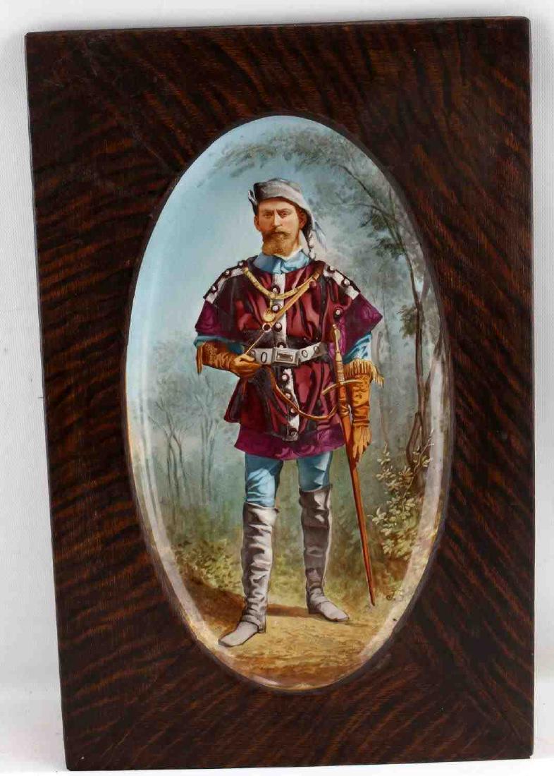 CHOISY LE ROI PAINTED PORCELAIN OVAL PLAQUE: French Portrait of Renaissance Gentleman, on oval concave porcelain plaque. Reverse marked "H.B. & C Cholsy Le-Roi" with the impressed mark of Hippolyte Boulenger Choisy. Circa 1850. In wooden framed.