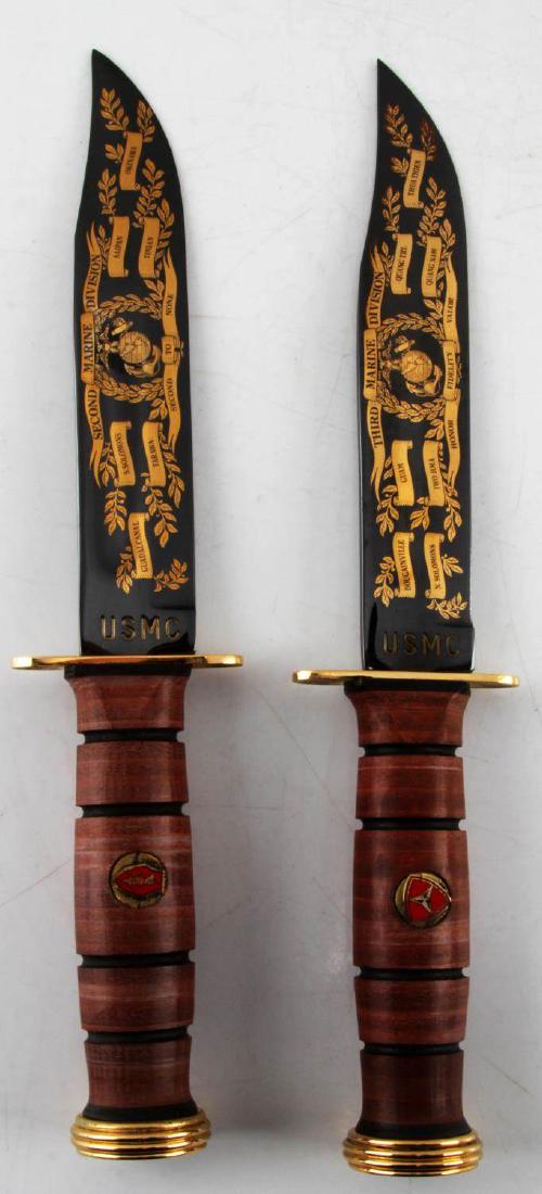 WWII KA BAR USMC DIVISION COMMEMORATIVE KNIFE LOT: This lot includes 2 Ka-Bar USMC commemorative (2nd and 3rd) division knives. The 2nd Division knife comes with division insignia patch. Both knives are in near new condition and measure 11.75" in tota
