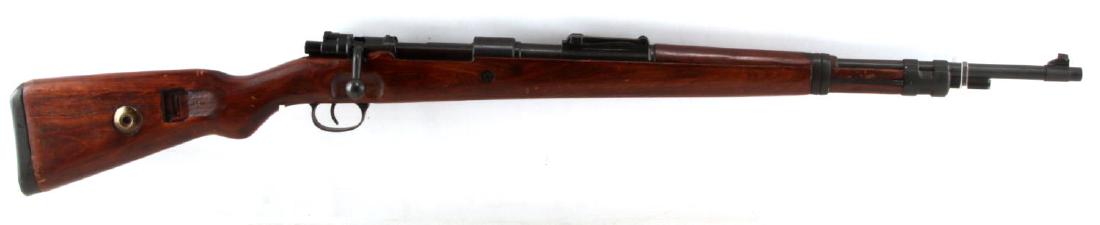 WWII GERMAN MAUSER K98 BOLT ACTION RIFLE IN 8MM: Blued steel with 80% remaining, full wood stock with barrel bands towards end, "dou 44" marked to top of chamber with Waffenamt Wa80 above it, serial no. and model number marked to left side with othe