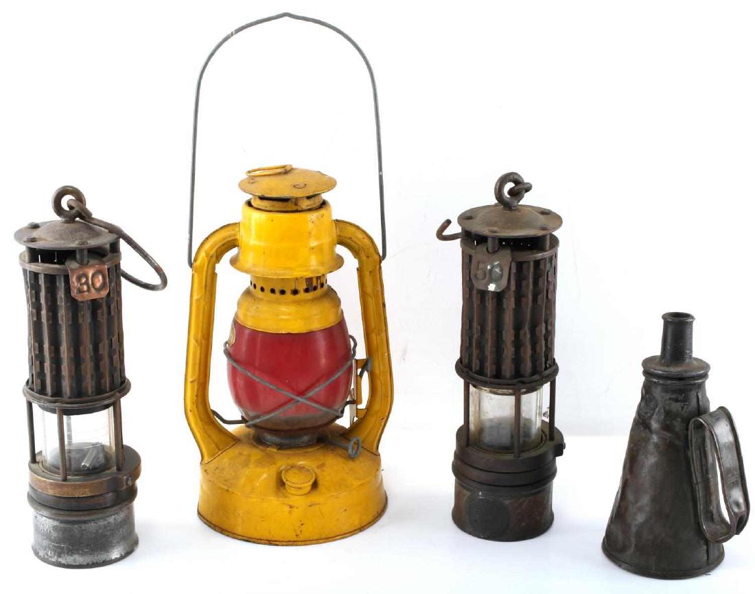 4 MINER & SANITARY COMMISSION LANTERN & LAMPS WOLF: Includes 2 Wolf Safety lamp lanterns each with mine tally on them, the 1 numbered 30 does not have Wolf logo disc, W.S.S.C. Washington Sanitary Commission Dietz Little Wizard ruby globe lantern, and a
