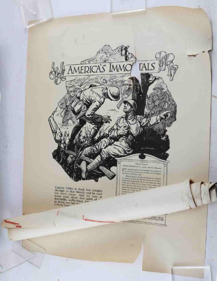 WWI & WWII ORIGINAL POSTERS LOT VICTORY LOANS BOND: One "America's Immortals" Donald M. Call poster. One "America's Immortals" George Dilboy poster. One "America's Immortals" Alan Louis Eggers poster. One "America's Immortals" Marcelus H. Chiles poster