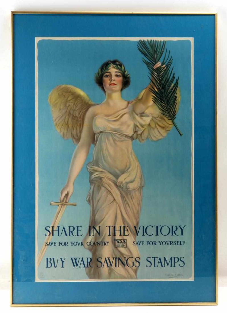 WWI SHARE VICTORY WAR SAVING STAMP FRAMED POSTER: Framed WWI "Share in the victory" war savings stamps poster. Image by Haskell Coffin. Measures 28 inches by 18 inches sight and 34.5 inches by 24.25 inches framed. In very good condition.