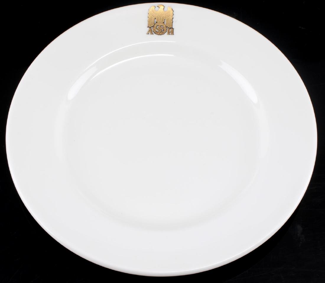 GERMAN THIRD REICH HITLER ALLACH PORCELAIN SAUCER: Porcelain cup saucer with the gold 'AH' maker mark of Hitler's formal set. Has Allach maker mark on the bottom. Brought to the US by a member of the 506th PIR. Measures 6.25 inches in diameter. In ver