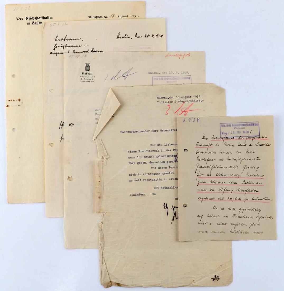 5 WWII THIRD REICH DOCUMENTS TO HERMANN GORING: All very legible but not translated and appear to be correspondents from various officials, 3 of the 5 have Goring's received stamp in blue. D349