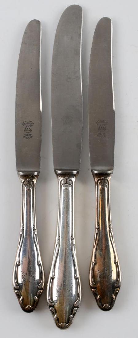 WWII THIRD REICH REINHARD HEYDRICH SILVERWARE: Lot of three Reinhard Heydrich silverplate knives. All blades marked with "WELLNER NICHT ROSTEND" One measuring 9.25 inches. Two measuring 8.5 inches. All in very good condition. MA924.