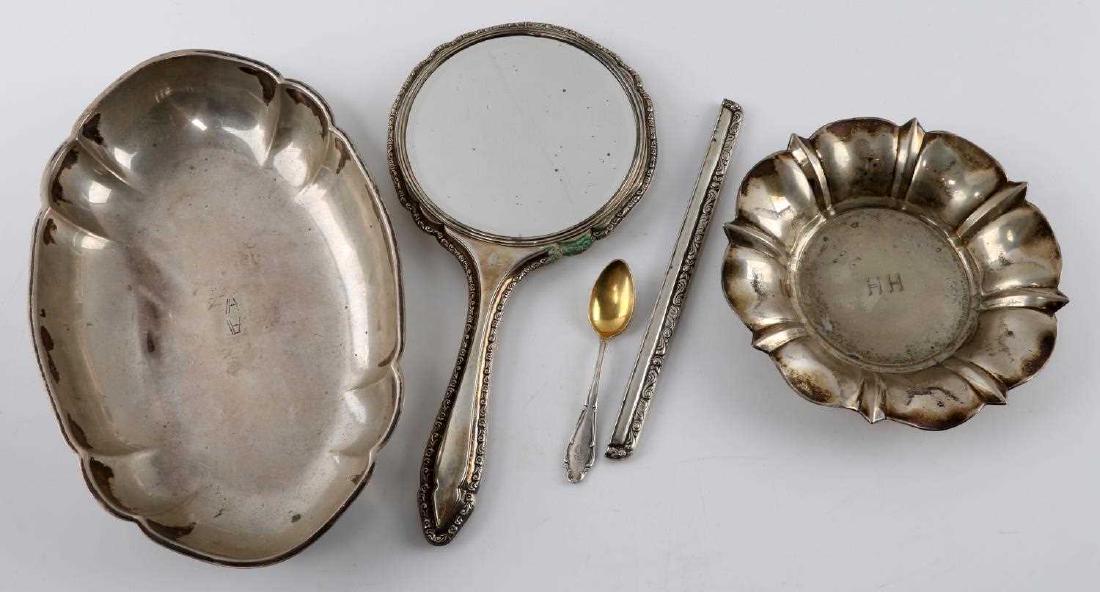 WWII GERMAN SILVER PIECES HITLER HIMMLER BRAUN: Lot of 5 German silver pieces includes: hand mirror with Hitler's initials etched to back, measures 11 inches long, small Wellner teaspoon with GS initials, silver edge piece with Eva Braun initials t