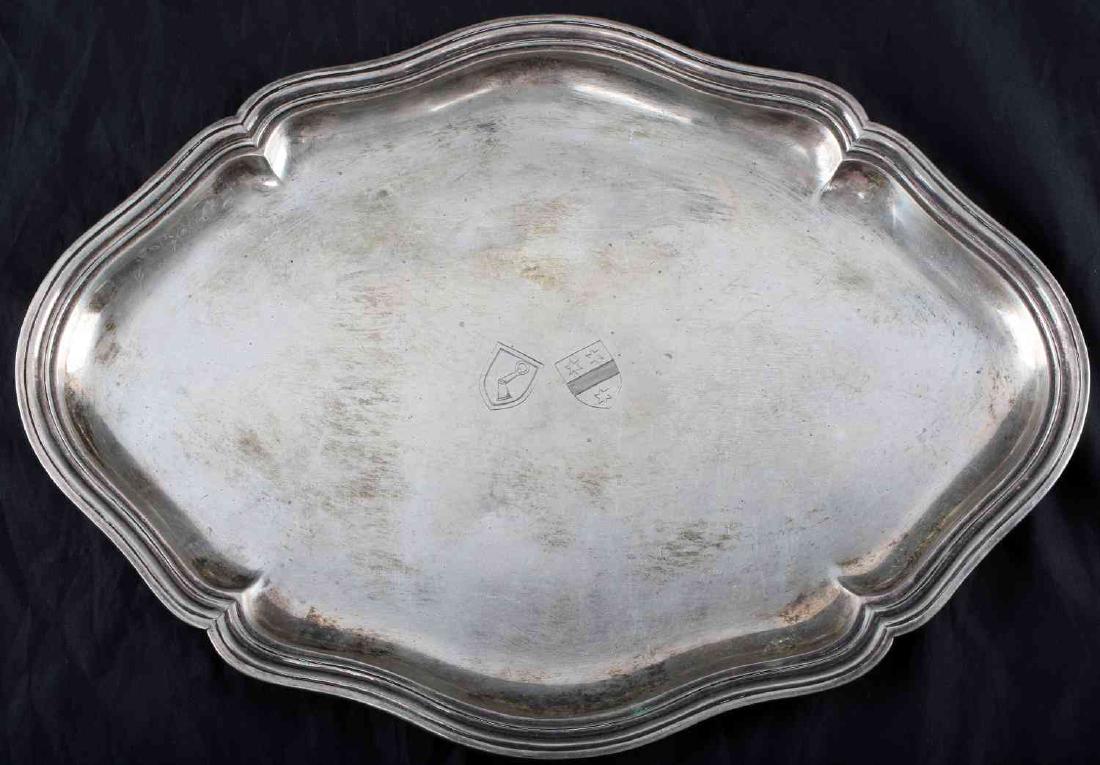 WWII GERMAN GORING GOERING SILVER PLATTER DRESDEN: Scalloped edges with Goering hallmarks to center. Hallmarked at edge on bottom (crescent moon, crown, 835, WB, A11, Hansch Dresden). Measures 13.5 by 9.75 inches. Very good condition.