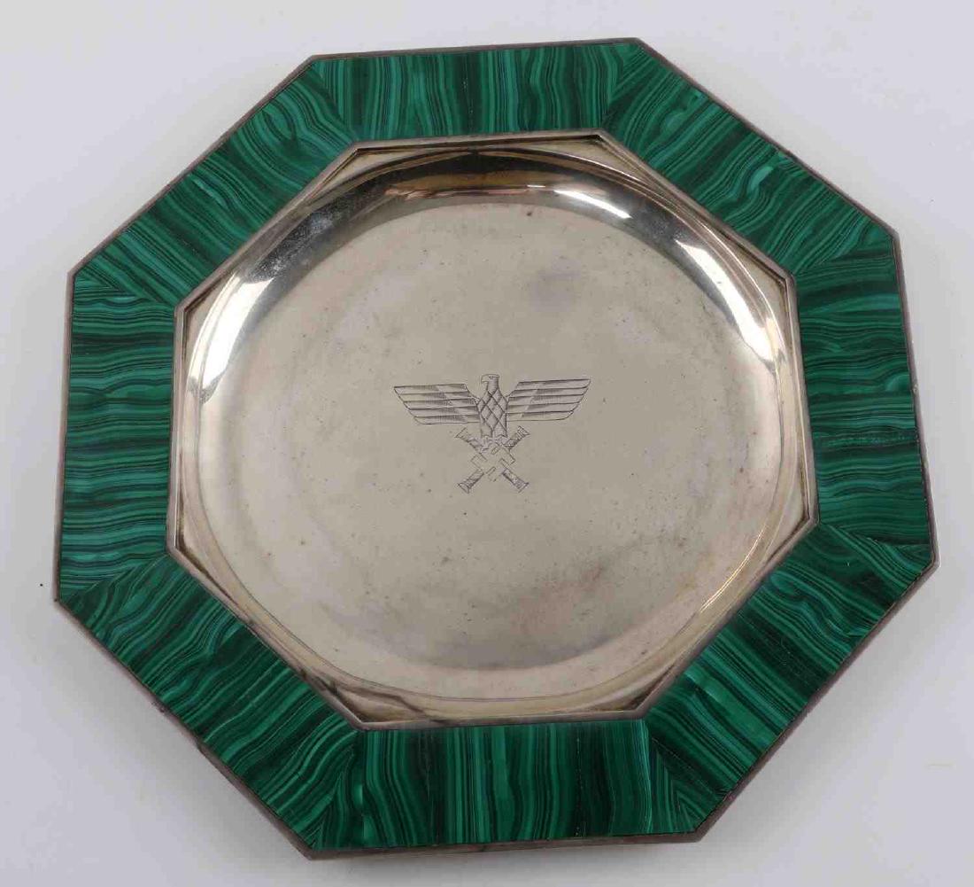 WWII GERMAN THIRD REICH FIELD MARSHAL PLATTER: With Malachite veneer rim, Field Marshal eagle center, faint non discernible hallmark reverse, readily tests for silver but believed heavy plate, measures 11.5 inches. CSG48