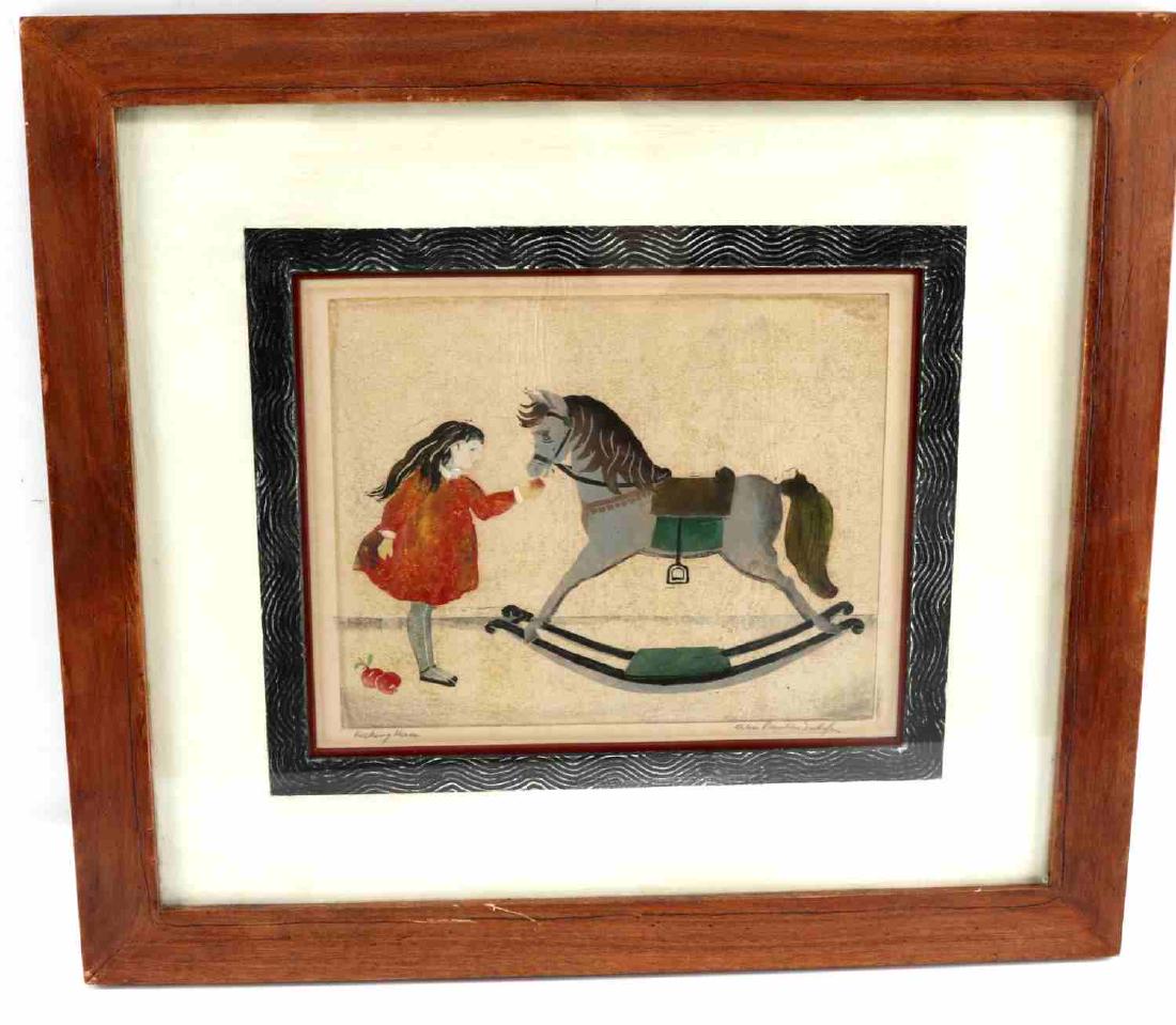 ALICE PAULINE SCHAFER WATERCOLOR ROCKING HORSE: Framed watercolor painting of a girl feeding apples to a rocking horse. Signed "Alice Pauline Schafer" on bottom right. Titled "Rocking Horse" at bottom left. Measures 10.75 inches by 8.5 inches sight