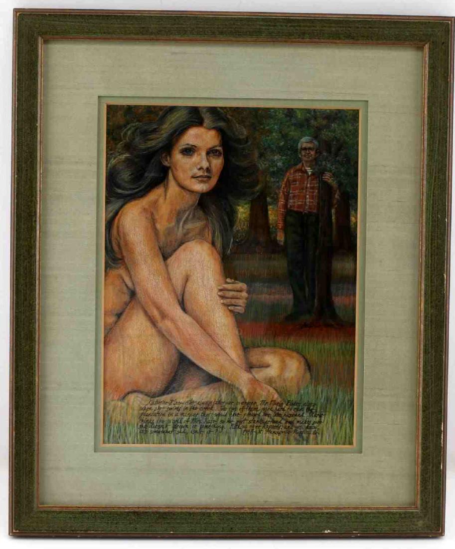 ST FRANCISVILLE PLANTING CO NUDE FEMALE NARRATIVE: Framed painting of nude woman sitting down and man standing in trees. Narrative on front at bottom states "Katherine Marqueete always takes her overseer, Mr. Murle Blake, along when she swims in the c