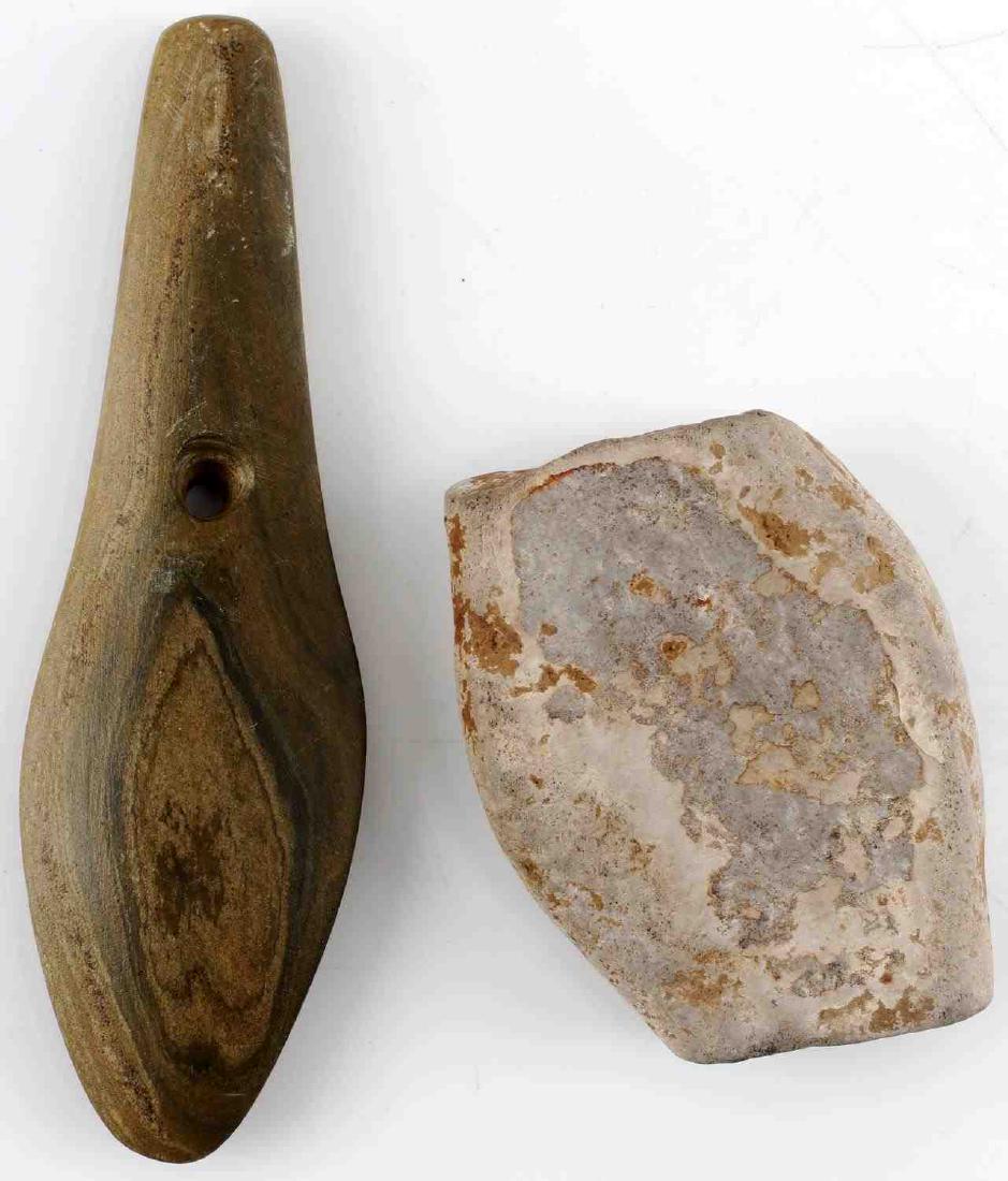 SOUTH GEORGIA FOUND WOODLAND PERIOD GORGETS: Measuring 4 1/4 inches of greenstone and a fragment, found around the Flint River.