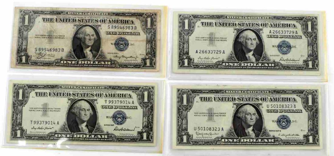 1 DOLLAR SILVER CERTIFICATE BLUE SEAL LOT OF 4: This lot includes 4 $1 Dollar silver certificates. (F#: 1619, 1621, 1608) Bills vary in condition but meet the criteria of VF+ to XF. Bills are crisp with no holes present. Some creasing present on 19