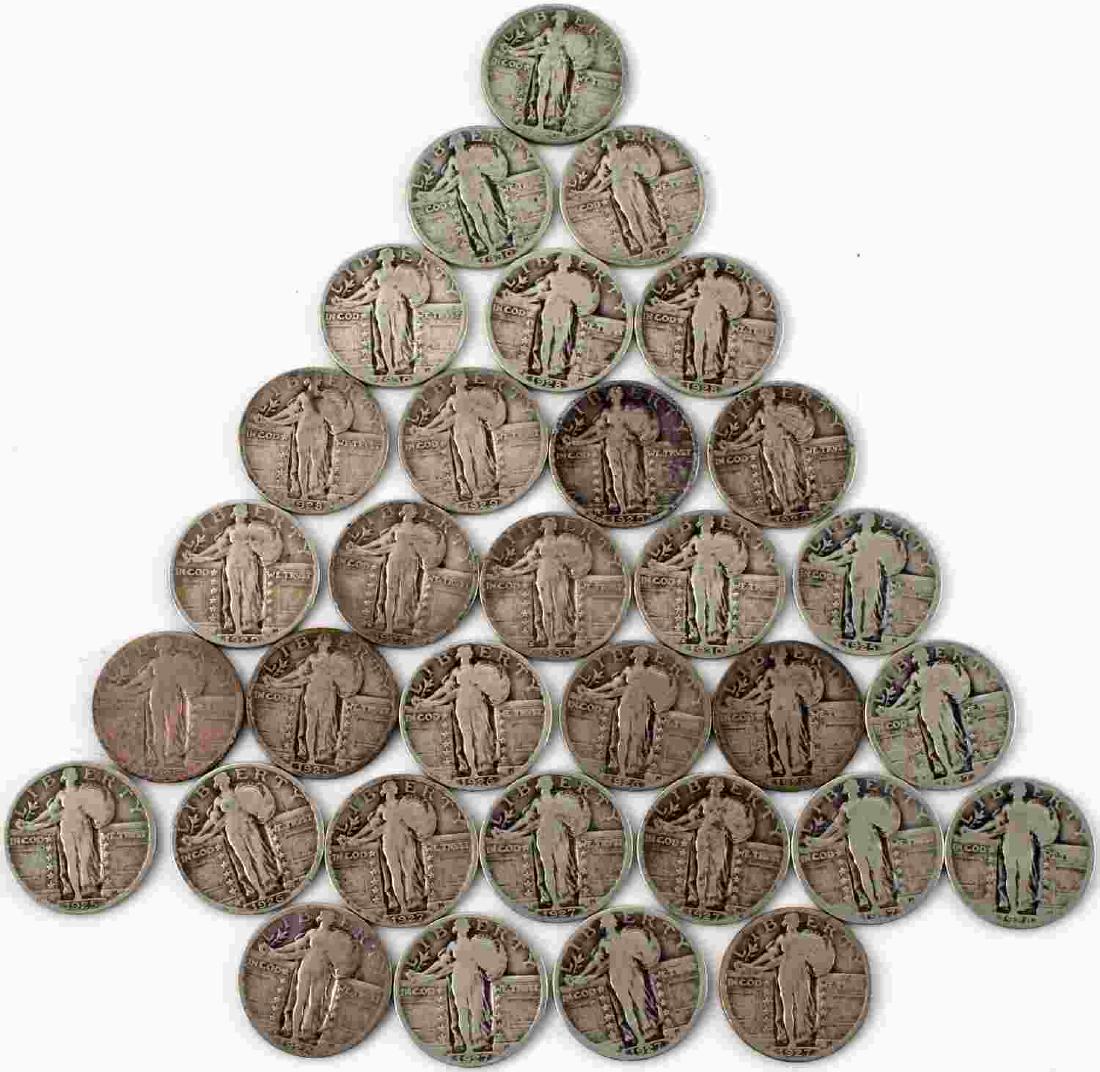SILVER STANDING LIBERTY QUARTER LOT OF 32: Pleasing lot of Standing Liberty quarters with 1 1920 partial date and the rest 1925-1930 including mint marks. Condition range G - F.