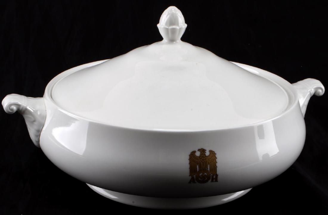 WWII GERMAN HITLER ALLACH PORCELAIN SERVING BOWL: Porcelain serving bowl with the gold 'AH' maker mark of Hitler's formal set. Has Allach maker mark on the bottom. Brought to the US by a member of the 506th PIR. Measures 7 inches in diameter. In very