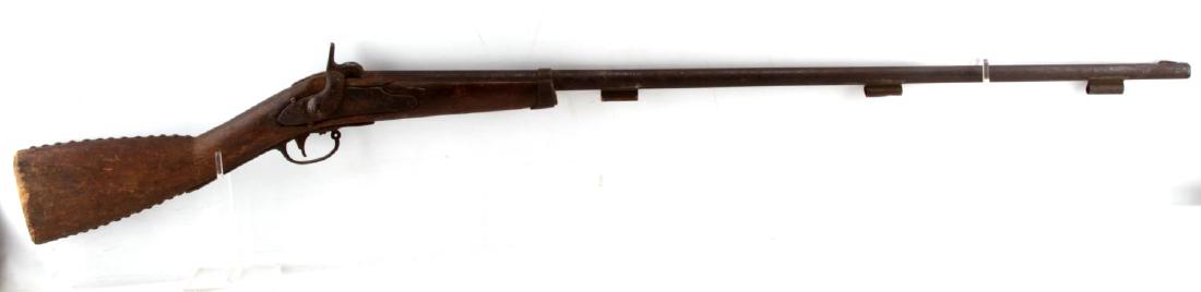 1839 CIVIL WAR SPRINGFIELD MUSKET WALL HANGER: Heavy oxidation, missing part of stock, lock plate is marked (Springfield 1839). Barrel measures 42 inches long. No butt pad. No ramrod. Cracks and wear. Trigger guard is separated from stock. Poor co