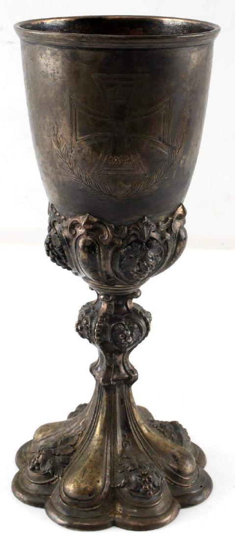 WWI IMPERIAL GERMAN IRON CROSS SILVER CHALICE: Unmarked but tests readily for silver, presentation Chalice dates 1918, very good original condition, measures 10 inches. MA56
