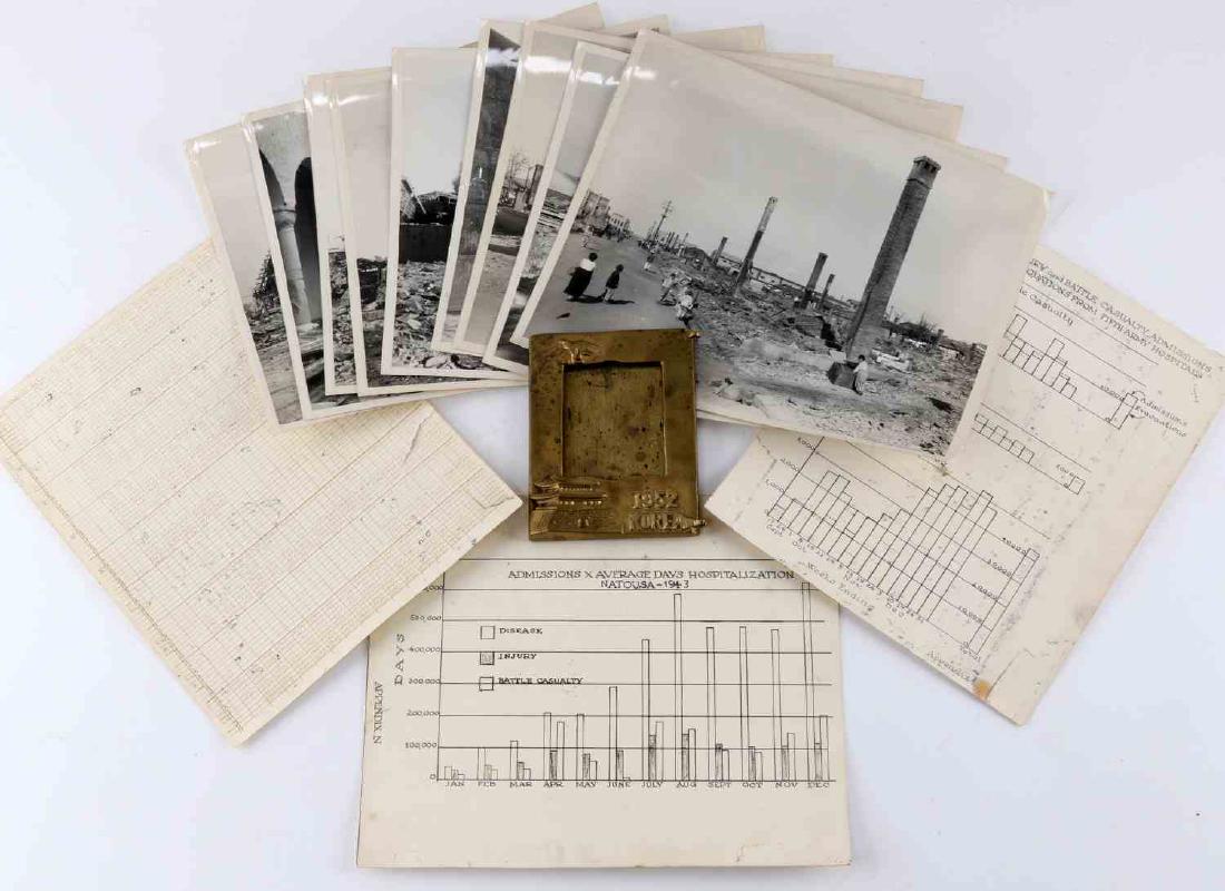 KOREAN CONFLICT PRESS PHOTOS & BRASS KOREAN FRAME: Set of eight Korean Conflict US press photos. Three graphs detailing conflict casualties and injuries. A brass picture frame with "1952 Korea" in bottom right corner and on back "Made in Korea". Measu