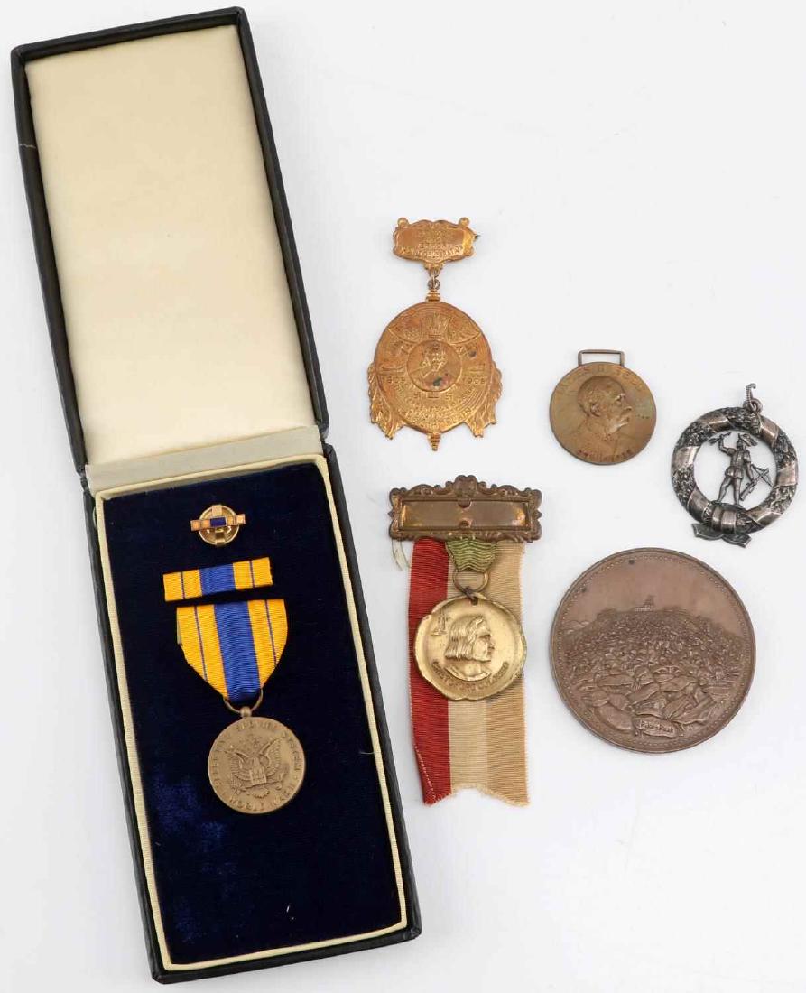 LOT OF 6 ANTIQUE MILITARY & NON-MILITARY MEDALS: Lot of 6 Antique military & non-military medals including: 39th National Encampment G.A.R Denver Sept 1905 PIKES PEAK Medallion, Sterling silver Wrapped Wreath medal Frederick Braun 1844, James D Bell