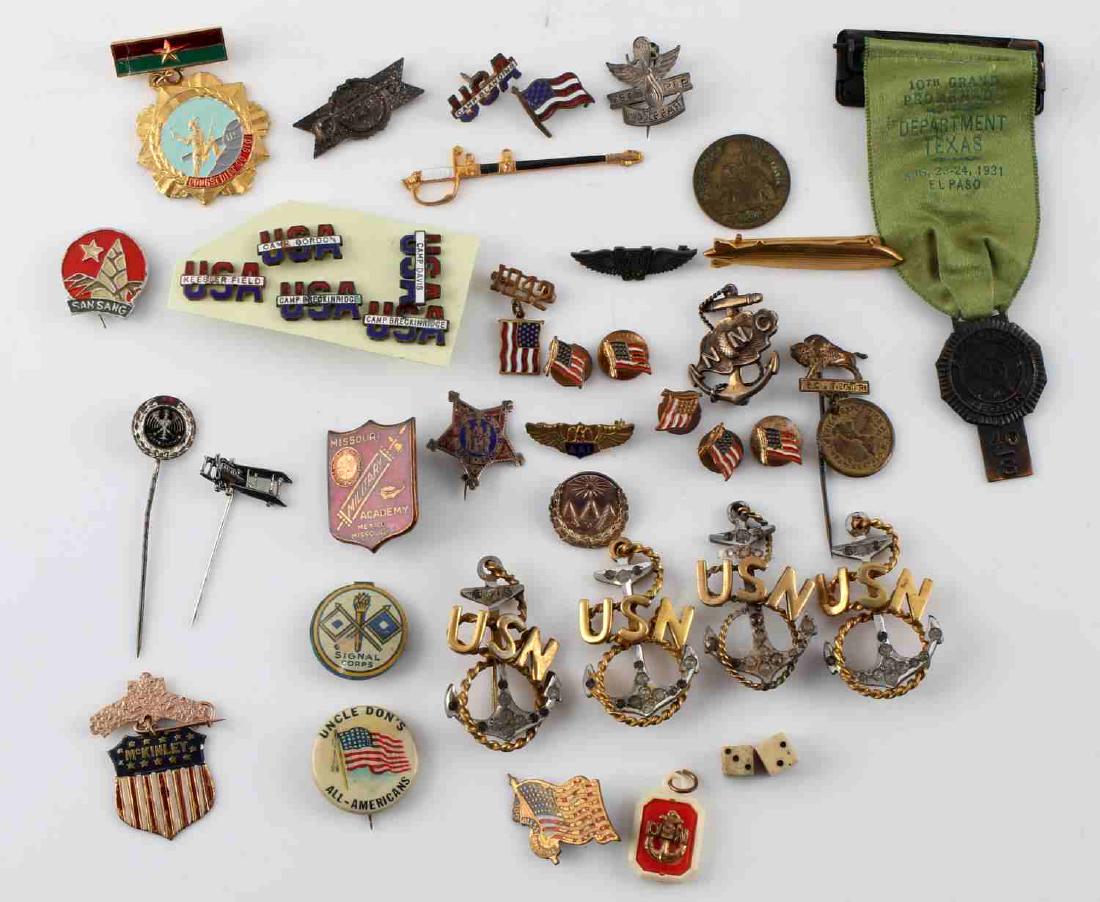 MIX LOT OF 40 WWII & LATER MILITARY MEDALS & PINS: Lot includes but is not limited to: 4 studded naval anchor pins, Signal Corps, Uncle Dons All Americans, 10th grand Promenade Texas medal with green ribbon, Missouri Military Academy Mexico Missouri,