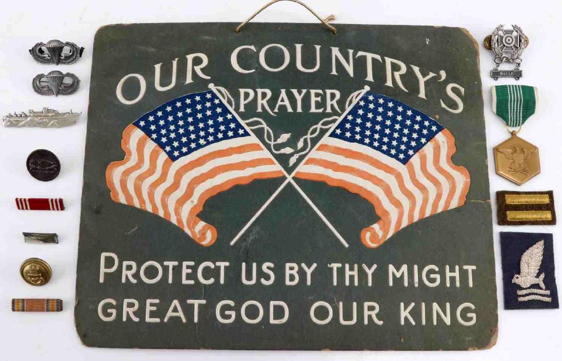 WWI WWII & POST WAR MILITARY LOT AIRBORNE HOMEFRON: Includes a WWI God and Country window sign, early 48 star flag, 12 by 10, RAF flying fish bail out over water bullion patch, PT Boat badge, 2 Airborne badges, collar disc, ribbons a medal and more