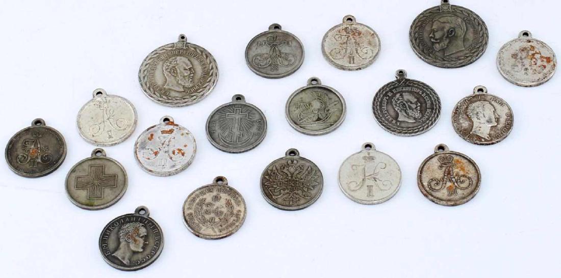 IMPERIAL RUSSIA AWARD MEDAL LOT OF 18 REPLICAS: All without ribbons, quality replicas, partial listing include Zeal, Excellence in Line of duty, 1873 Hivinsk, for Turkish War, 1 march 1881, Caucas 1837, Polish rebellion, and others, 29 to 40 mm in