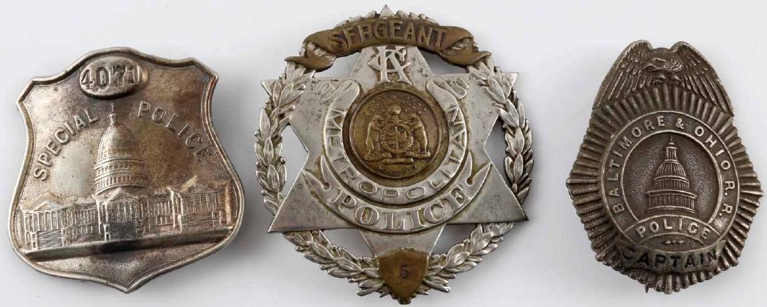 LOT OF 3 BALTIMORE & KANSAS CITY RANK POLICE BADGE: Lot of 3 Baltimore & Kansas City Rank Police Badges including : Sergeant KC Metropolitan police badge #5 with bronze, Baltimore & Ohio Rail Road Police Captain Ranking, and lastly a 4071 Special Polic