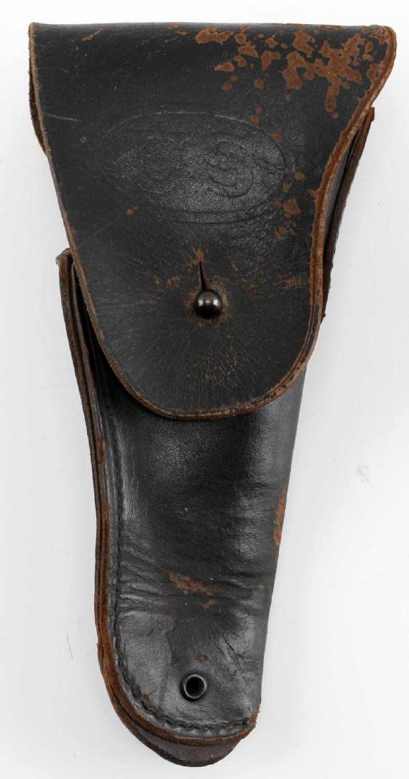 US WWI ERA M1911 45 CALIBER LEATHER HOLSTER MARKED: US WWI Era Model 1911 .45 caliber black painted leather holster marked on the back with "Bolen Lea prod". Item is in good condition with the exception of some paint loss and wear consistent with