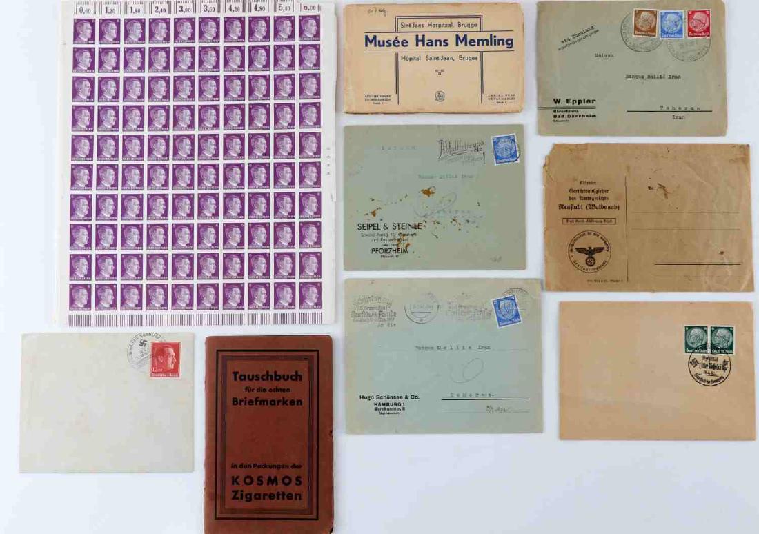 SMALL LOT OF THIRD REICH HITLER STAMPS PHOTO BOOK: Lot includes: one uncut sheet of Hitler stamps, stamp book, Musee Hans Memling photo book, and a few envelopes with Nazi stamps. Good condition.