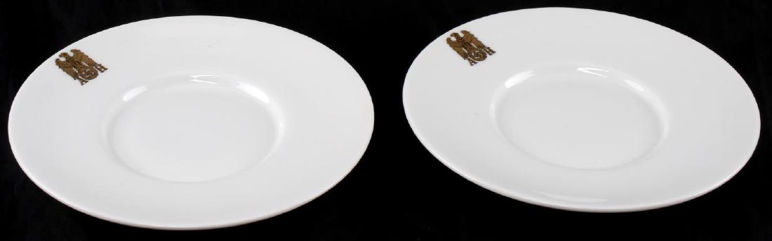 2 GERMAN 3RD REICH HITLER ALLACH PORCELAIN SAUCER: 2 Porcelain cup saucers with the gold 'AH' maker mark of Hitler's formal set. Has Allach maker mark on the bottom. Brought to the US by a member of the 506th PIR. Saucers Measures 5.5 inches in diamet