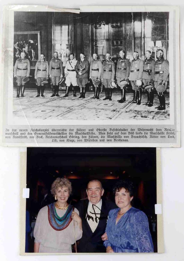 WWII THIRD REICH ADOLF GALLAND AUTOGRAPH HITLER: Post war Adolf Galland autograph photo measuring8 by 10, 14 by 11 inch period photograph written on reverse Hitler, Goring and his Field Marshalls 1940. D347, D348