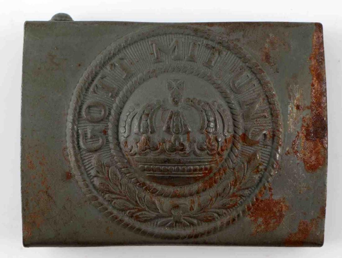 WWI IMPERIAL GERMAN HEER EM BELT BUCKLE: German WWI. High relief crown, "GOTT MIT UNS," and oak leaves on obverse. Original gray-green finish. Some rust and paint loss present. BM 281