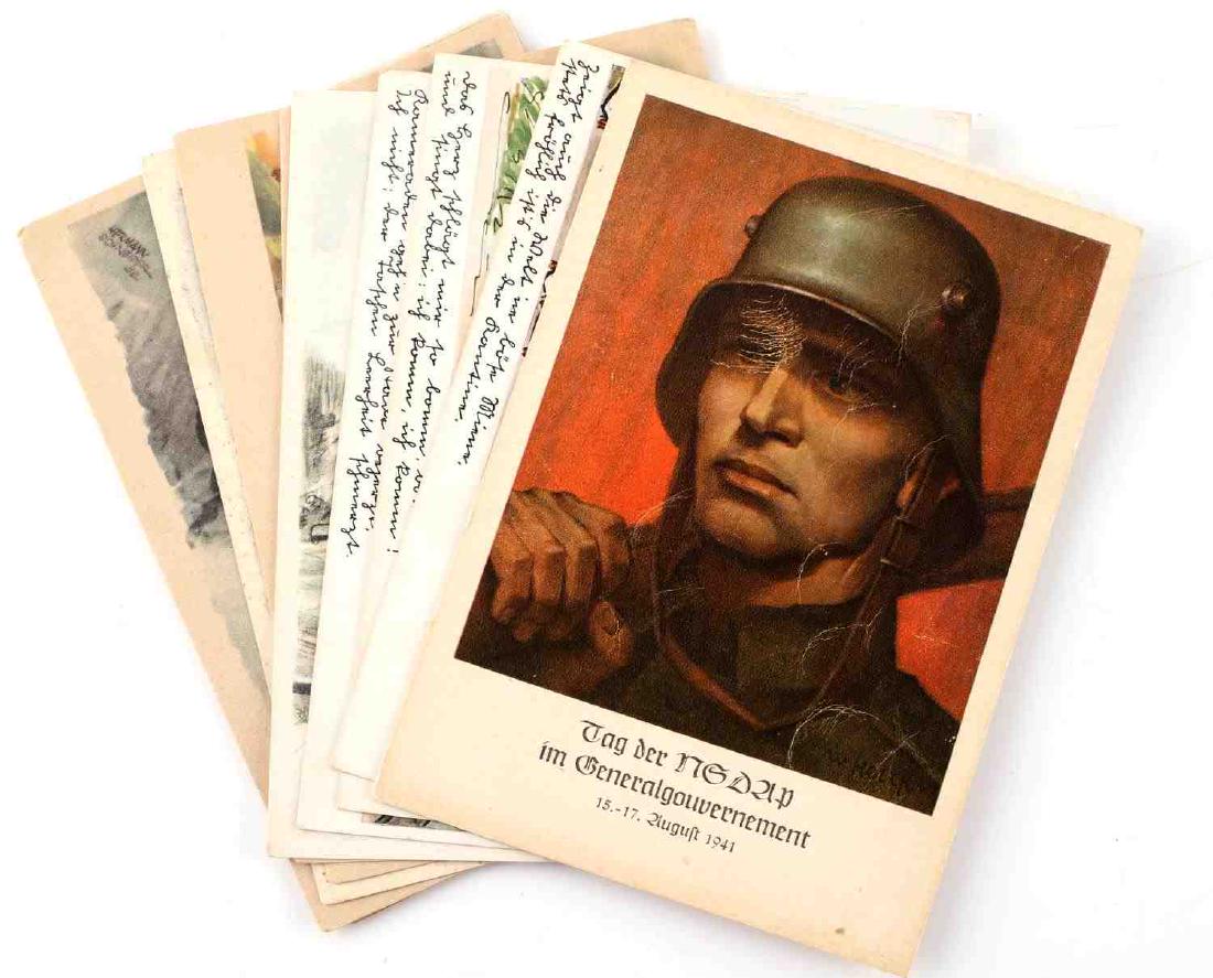 WWII GERMAN THIRD REICH POST CARD LOT OF 11: German Post card lot. Wonderful artistic renderings of military scenes including tired soldiers, tank warfare, combat and more. One stamp is present on one card's reverse. Very good condition overall.