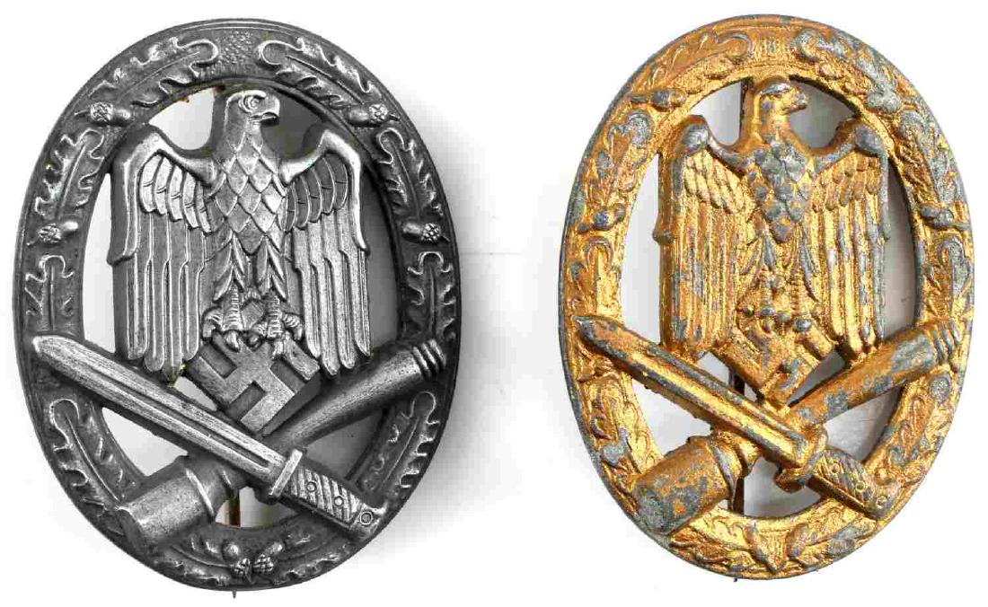 WWII GERMAN THIRD REICH GENERAL ASSAULT BADGE LOT: This lot includes 2 German General Assault badges. Reichsadler/swastika over a crossed bayonet and stick grenade on an open oak leaf wreath. Thin vertical pinback construction. Gray version is "scoope